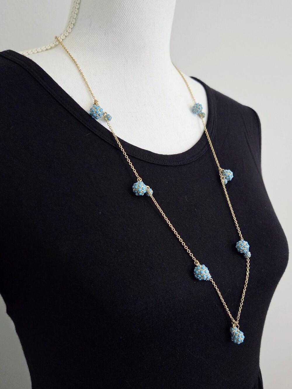 Ann Taylor Gold Turquoise Bead Long Station Boho Necklace 31"